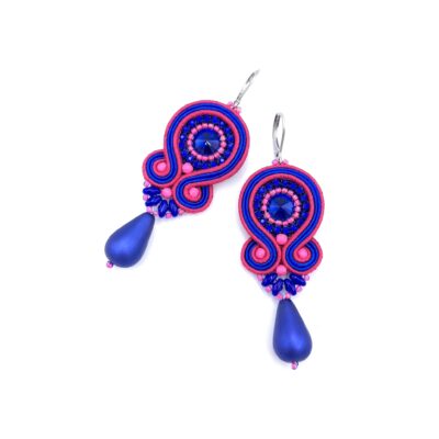 „Cleo” kolczyki sutaszowe kolorowe różowo chabrowe z łezką