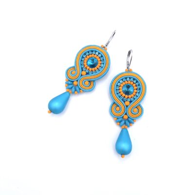 „Cleo” kolczyki sutaszowe pomarańczowo turkusowe z łezką