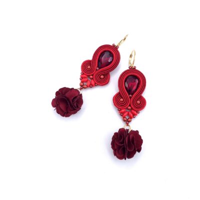 „Rose” kolczyki sutasz bordowo czerwone wiosenne z kryształkiem i kwiatkiem