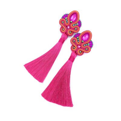 „Cosima” kolczyki sutasz z chwostami fuksjowe długie kolorowe na lato