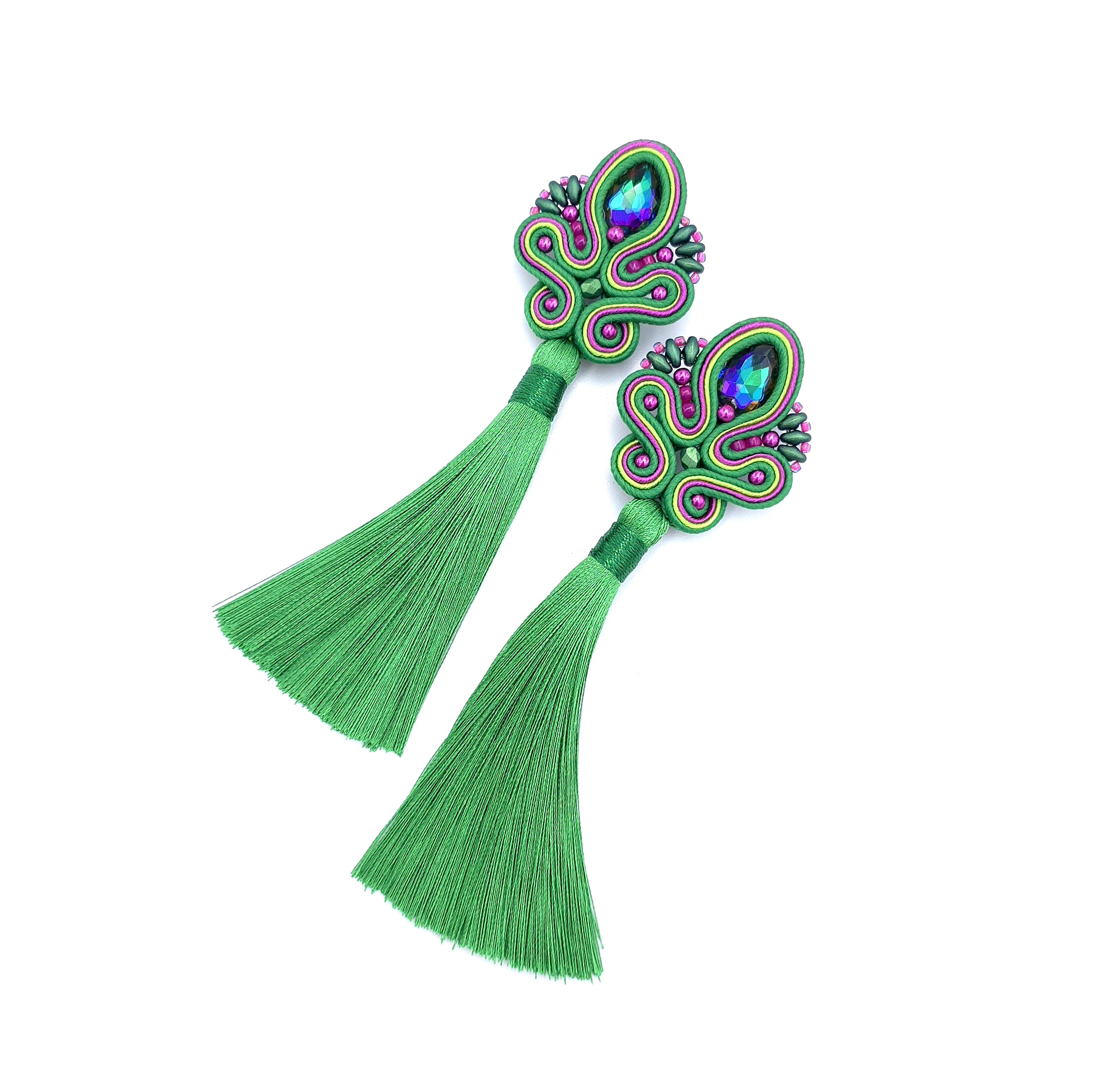 „Cosima” kolczyki sutasz z chwostami zielone długie kolorowe na lato