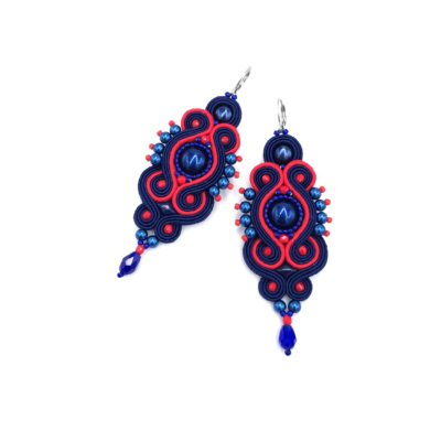 „Amara" kolczyki sutasz czerwono granatowe długie eleganckie z perłami