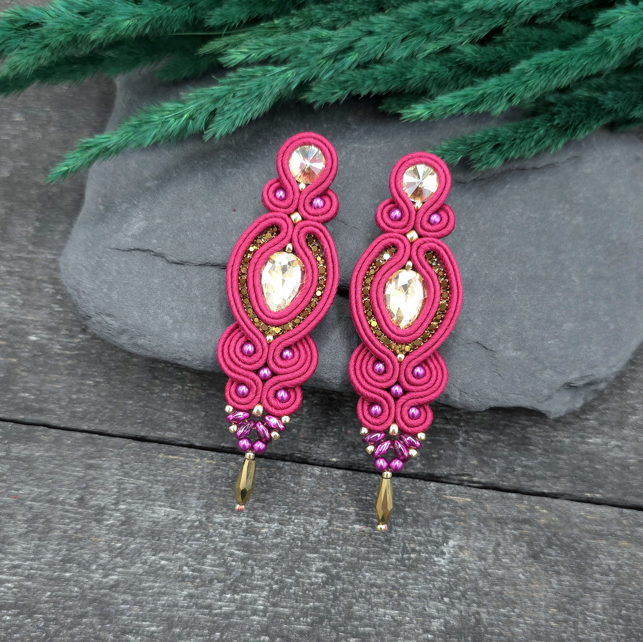 Kolczyki sutasz różowe ze złotem "Ismara" wieczorowe z kryształkami - obrazek 2