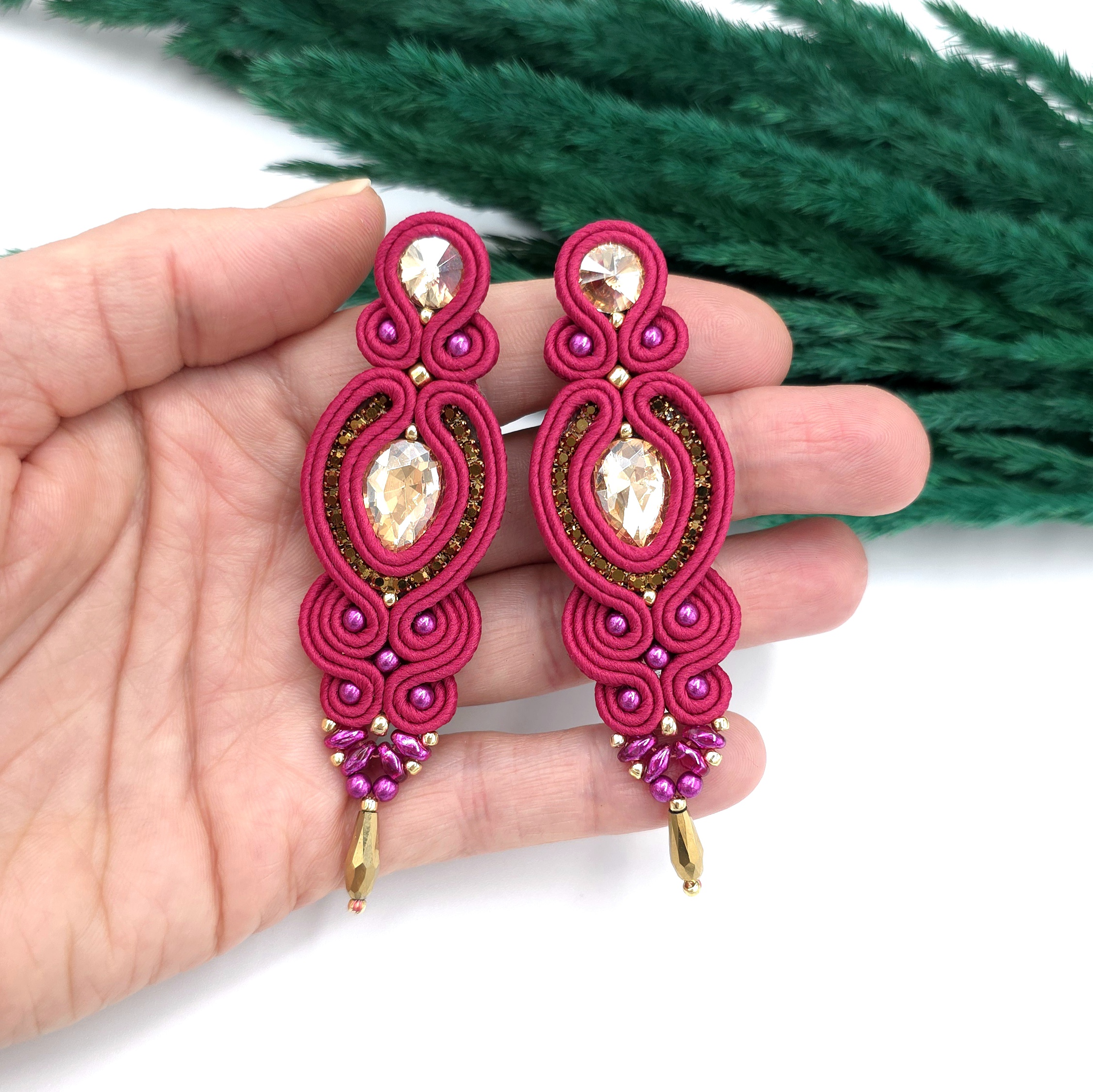 Kolczyki sutasz różowe ze złotem "Ismara" wieczorowe z kryształkami - obrazek 3