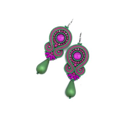Kolczyki sutasz zielono fuksjowe kolorowe "Cleo" z dużą łezką