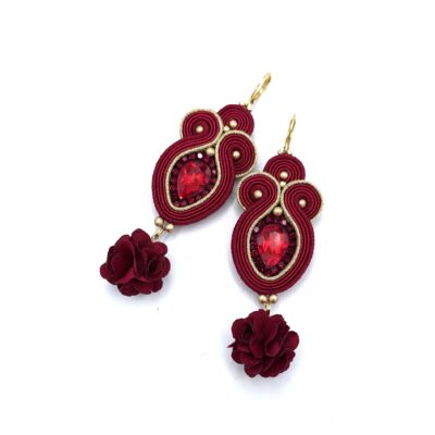 Kolczyki sutasz bordowo czerwone "Rosalia" z kryształkiem i kwiatkiem