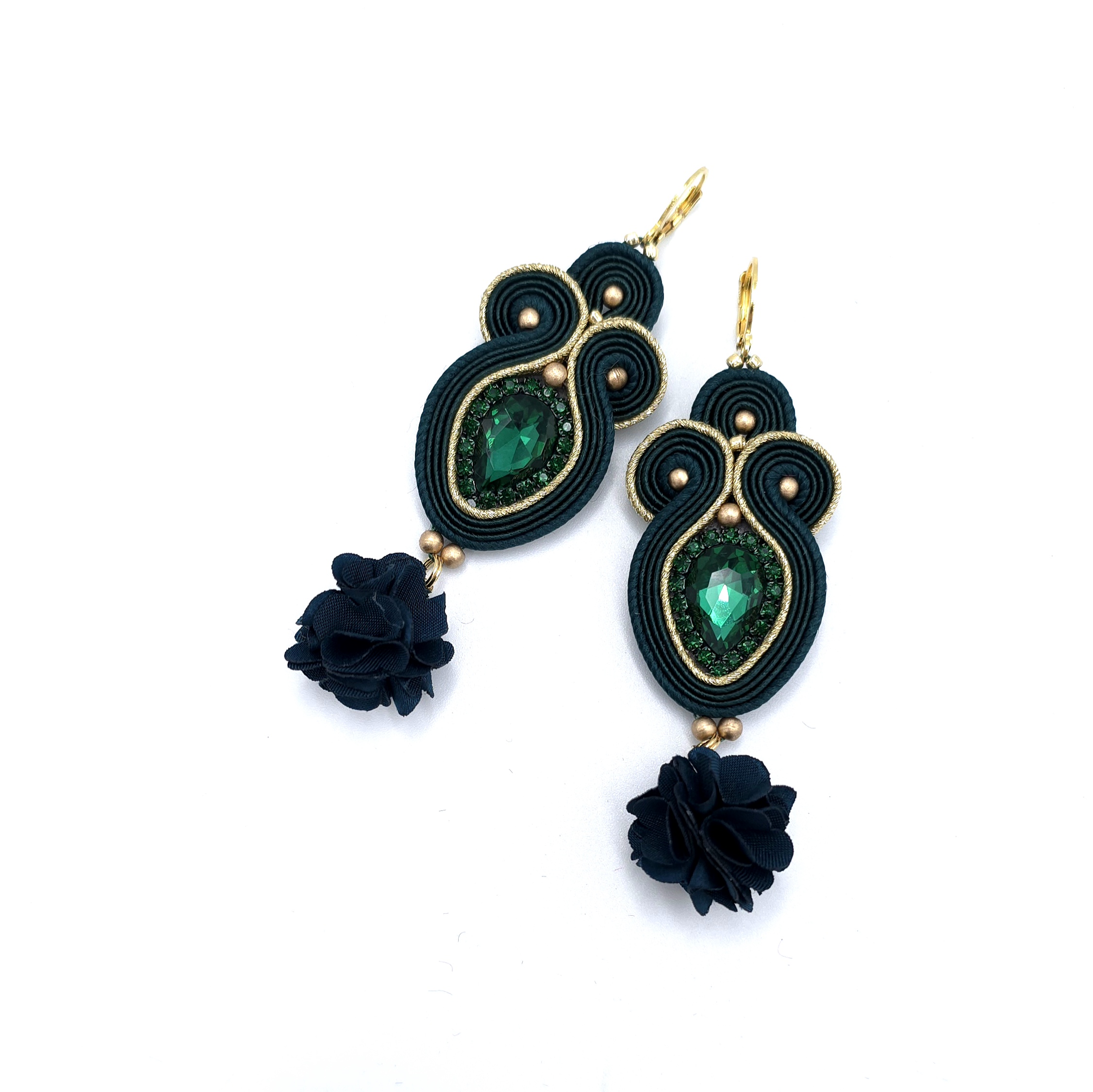 Kolczyki sutasz złoto zielone "Rosalia" z kryształkiem i kwiatkiem