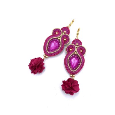 Kolczyki sutasz fuksjowe różowe "Rosalia" z kryształkiem i kwiatkiem