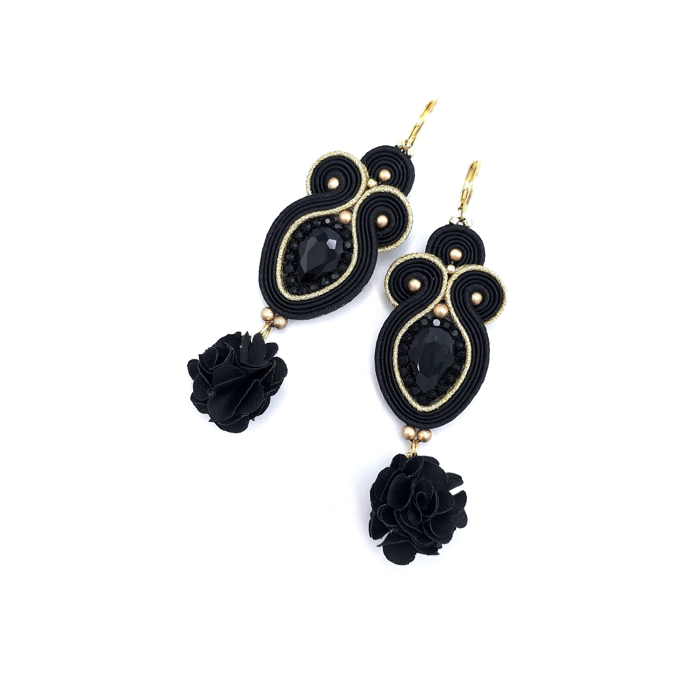 Kolczyki sutasz złoto czarne "Rosalia" z kryształkiem i kwiatkiem