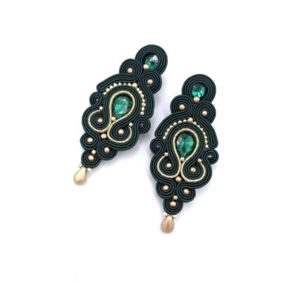 Kolczyki sutasz zielone ze złotem "Olia" wieczorowe długie z kryształkami