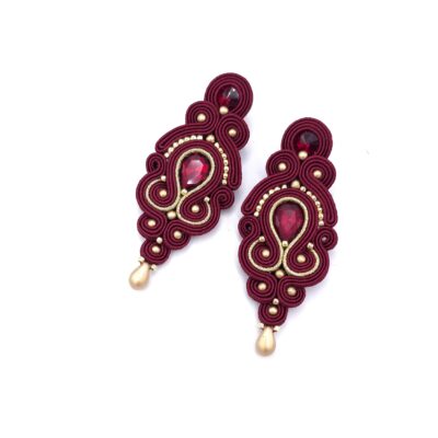 Kolczyki sutasz bordowe ze złotem "Olia" wieczorowe długie z kryształkami