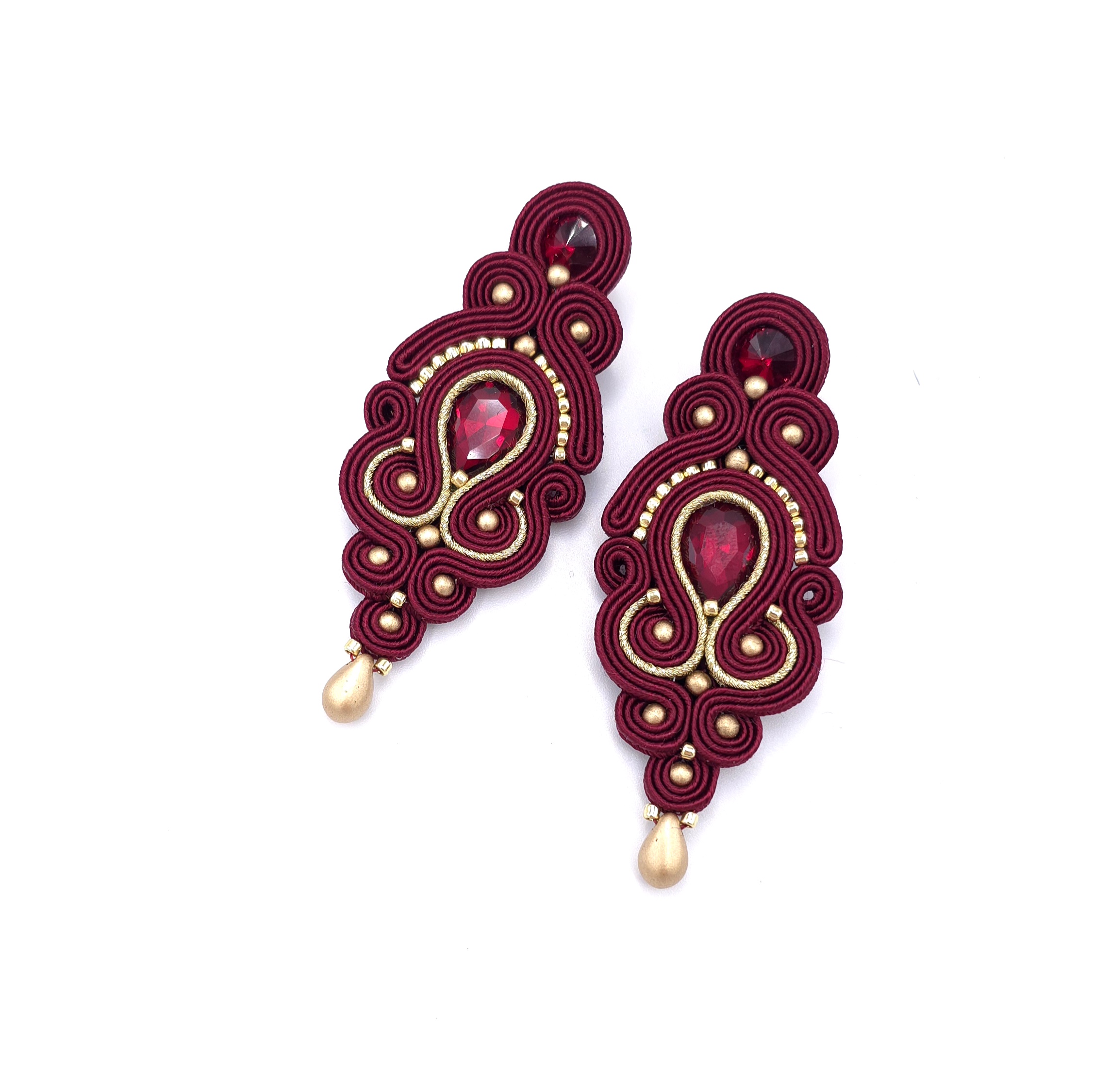 Kolczyki sutasz bordowe ze złotem "Olia" wieczorowe długie z kryształkami