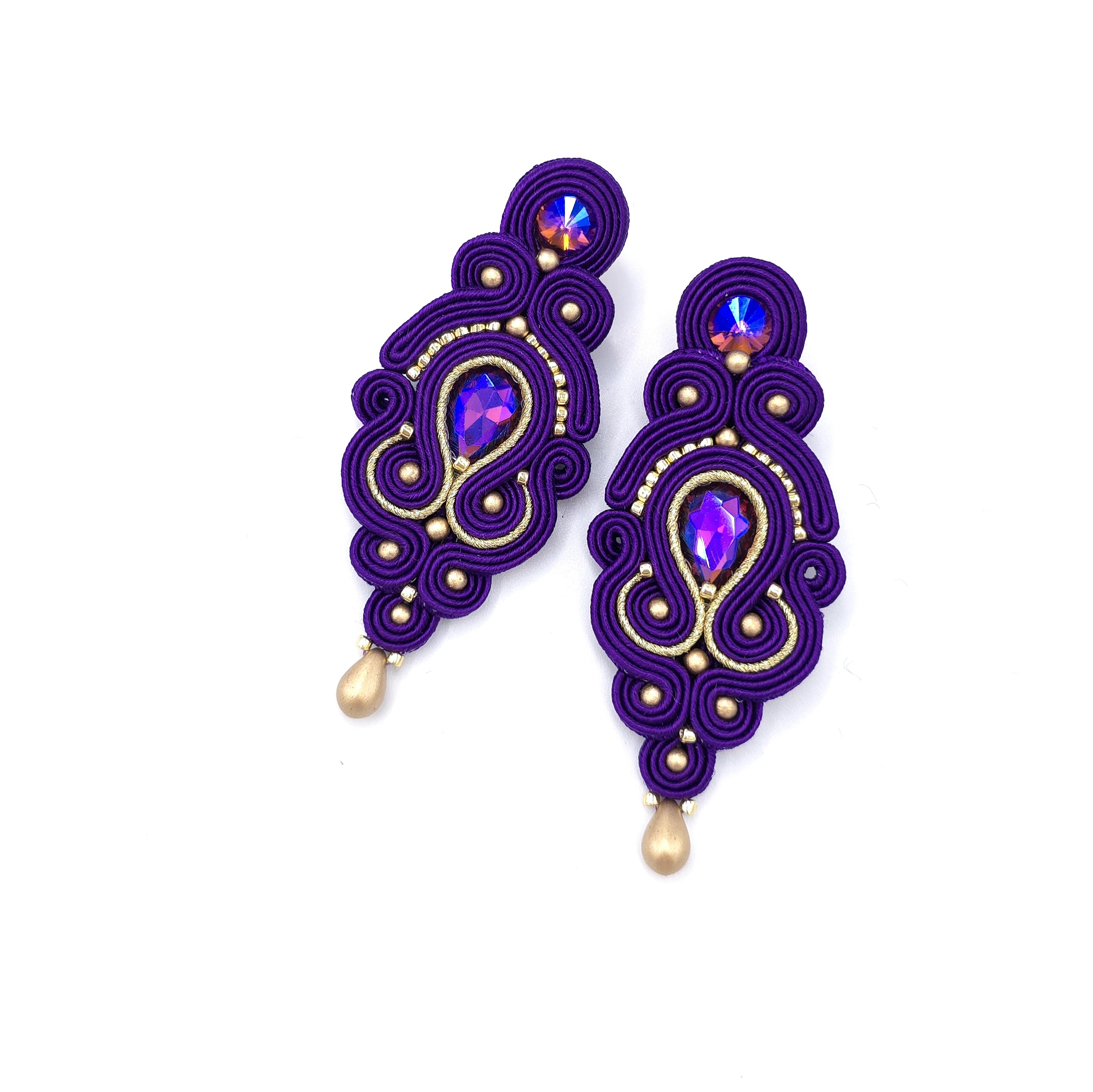 Kolczyki sutasz fioletowe ze złotem "Olia" wieczorowe długie z kryształkami