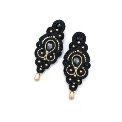 Kolczyki sutasz czarne ze złotem "Olia" wieczorowe długie z kryształkami