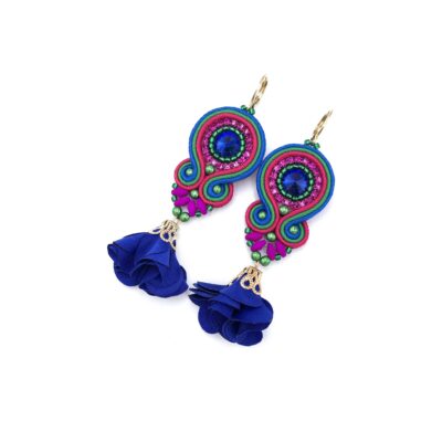 Kolczyki sutasz kolorowe zieleń róż niebieski wiosenne z kwiatkiem "Rose"
