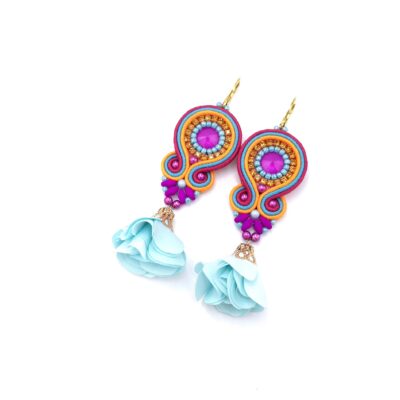 Kolczyki sutasz kolorowe turkus pomarańcz róż wiosenne z kwiatkiem "Rose"