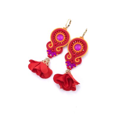 Kolczyki sutasz kolorowe czerwień pomarańcz róż wiosenne z kwiatkiem "Rose"