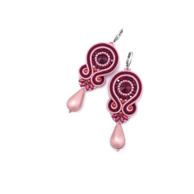 Kolczyki sutasz bordowo różowe kolorowe wiosenne z dużą łezką „Cleo”