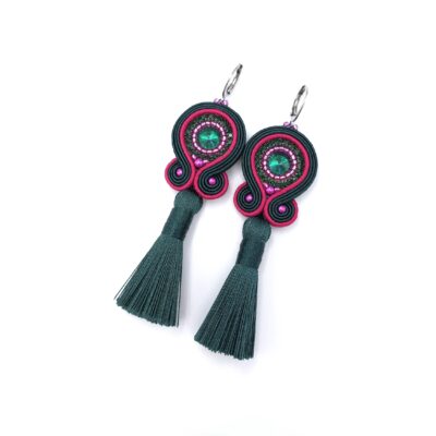 Kolczyki sutasz kolorowe różowo zielone wiosenne z chwostem "Nella"